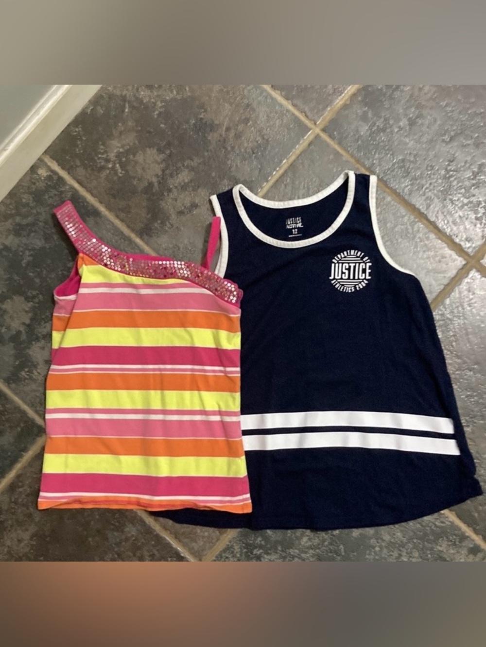 Justice Tank Top Set Navy and Whitest& Pink Stripe Sequin Tank Set - Girls S